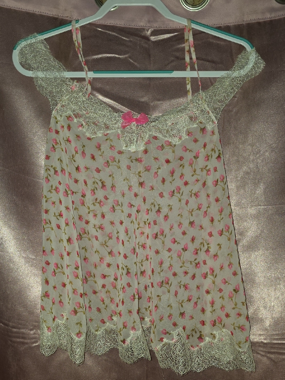 Victoria's Secret Cream Cami with Pink Rosebud Print and Lace